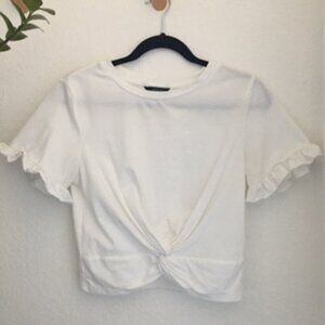 SHEIN White Ruffle Polyester Spandex Midi-Crop T-Shirt US Small Women's